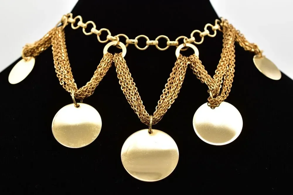 Vintage Multi-Chain Choker Necklace Bold Bib Gold Chunky Statement 1990s BinA17